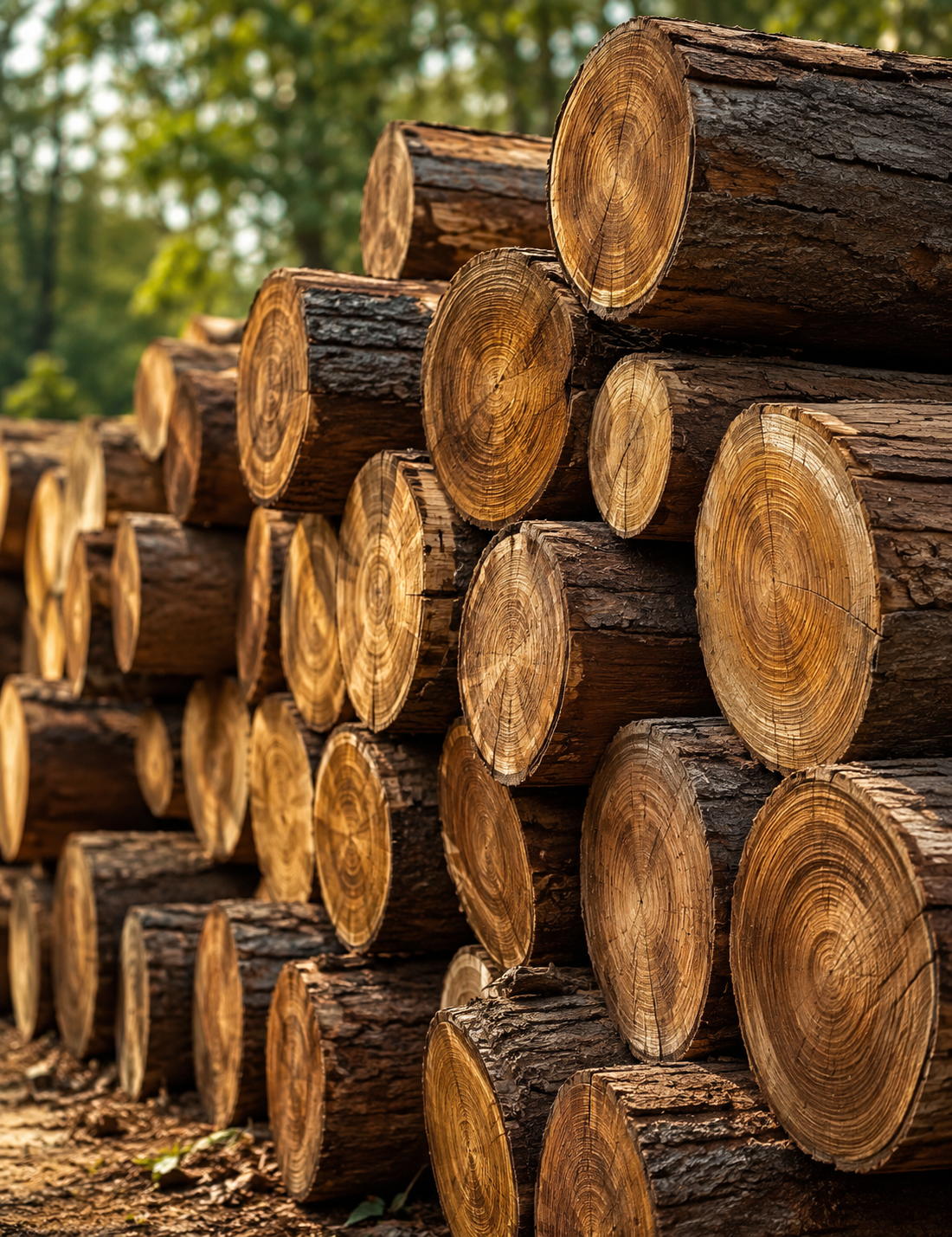 Stacked teak wood logs at Amina Wood Industries yard, Nagpur